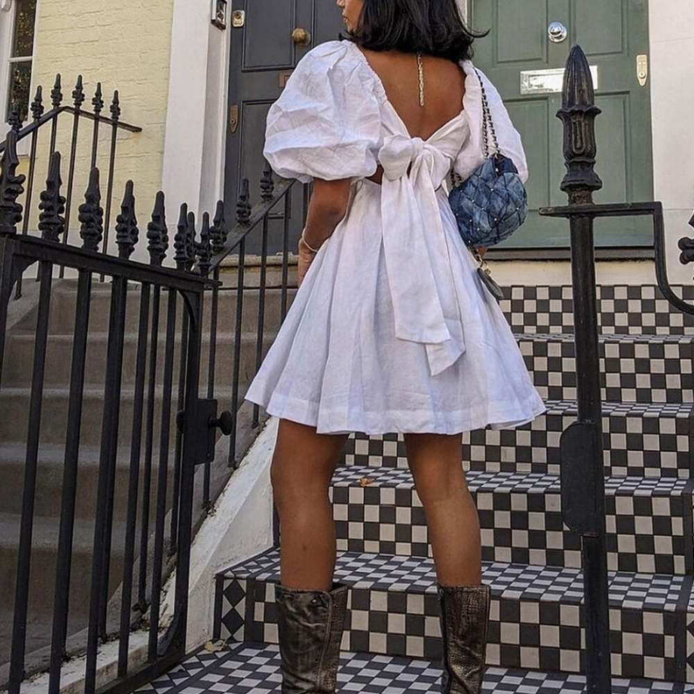 Showpo. Amalie Linen Tie Back Puff Sleeve White Dress, 12 - Picture 8 of 14